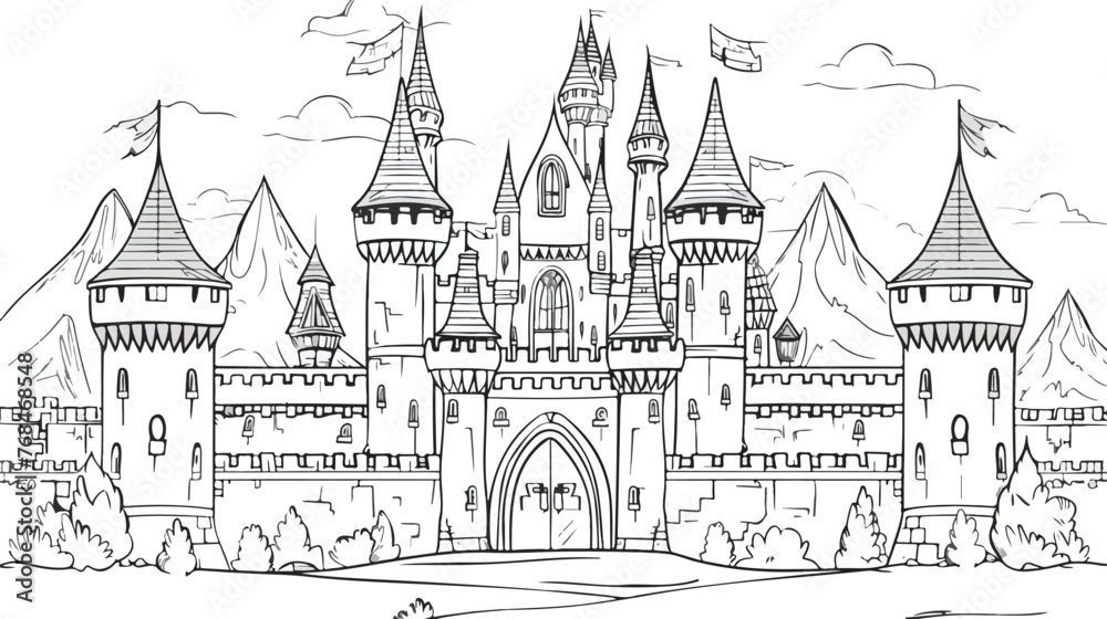 Fantasy drawing of medieval Gothic castle. Black
