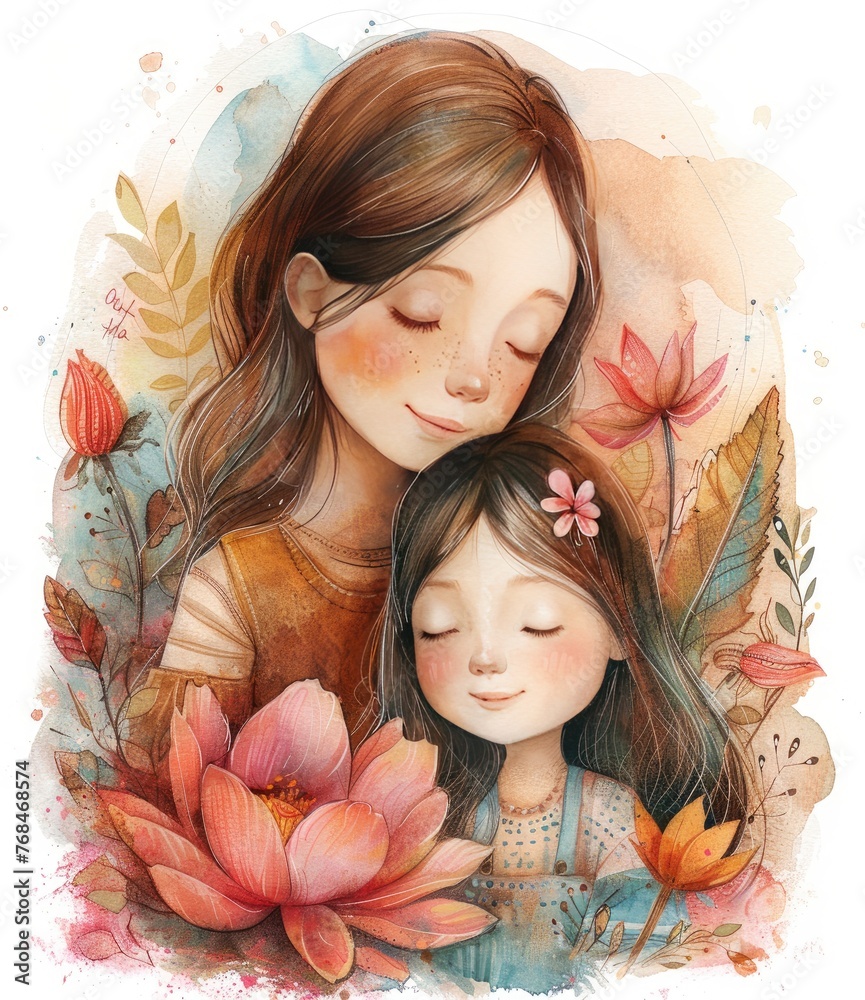 A watercolor illustration showcasing a mother's love, cradling her daughter with delicate floral elements. A watercolor illustration showcasing a mother's love, cradling her daughter with delicate floral elements.