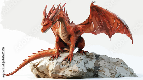Fantasy dragon on the rock.3D rendering flat vector 