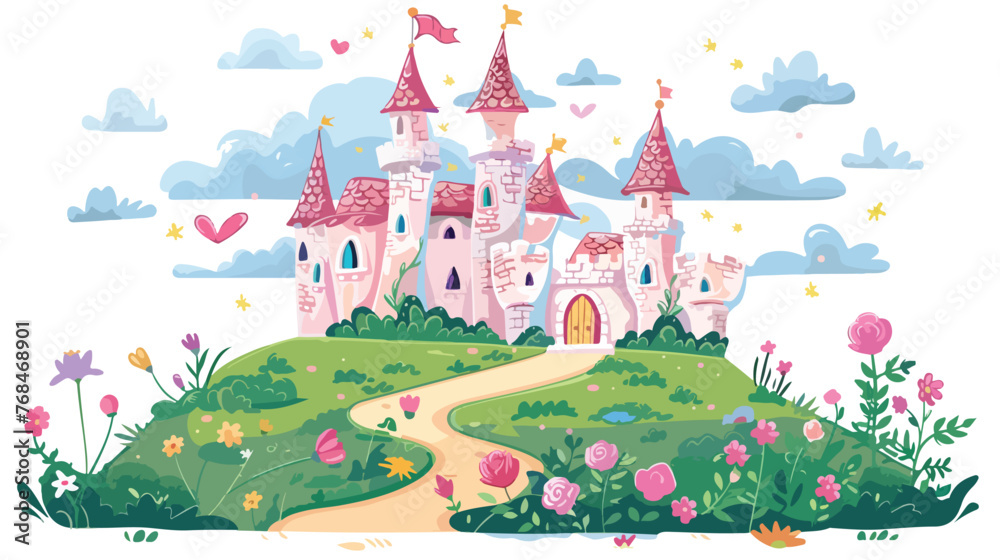 Fantasy garden castle with many flowers roses and cloud