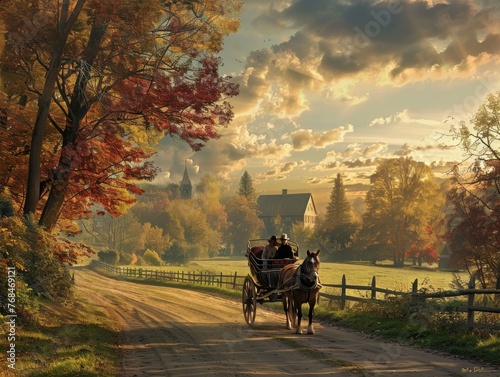 A Couple Riding a Scenic Horse-Drawn Carriage Through the Countryside © Bendix
