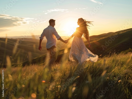 Couple Dancing Barefoot Grassy Hillside Romantic Outdoor Nature Scenery.