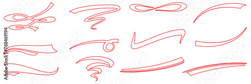 Set of Swoosh and swoop underline typography tails shape in flat styles. Brush drawn curved smear. Hand drawn curly swishes, swash, twiddle. Vectors calligraphy doodle swirl on white background.Vector photo