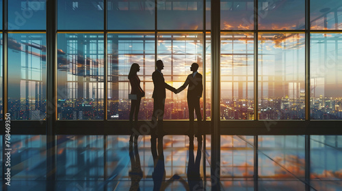 A dynamic young Indian businessman and his clients standing in front of a large window with panoramic views of the city, their handshake symbolizing a prosperous partnership photo