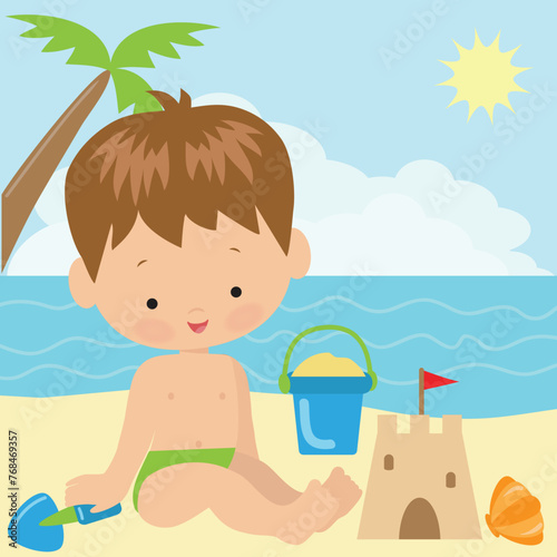 Summer boy on the beach vector cartoon illustration