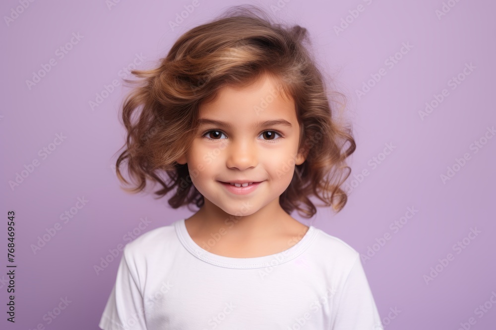 Portrait of a beautiful little girl with long curly hair on a purple background Portrait of a beautiful little girl with long curly hair on a purple background