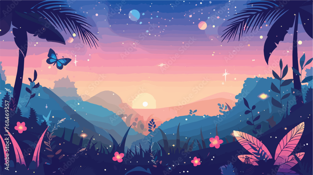 fantasy landscape with sparkles and butterfly flat vector