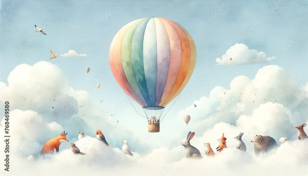  watercolor scene of various animals enjoying a ride in a colorful hot air balloon amidst fluffy clouds.