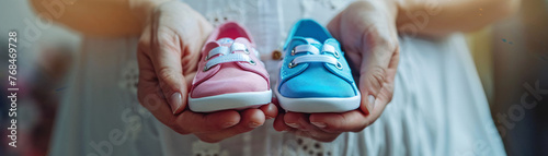 Pregnant woman in blue maternity clothes holds pink and blue baby shoes, symbolizing anticipation and harmony. photo
