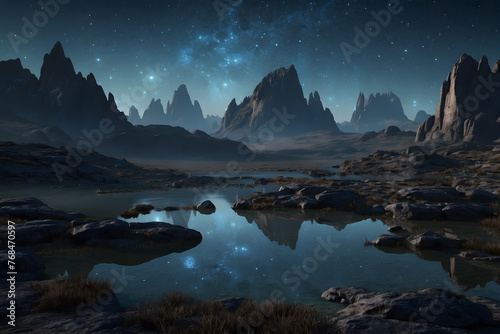 A landscape of a planet at night time