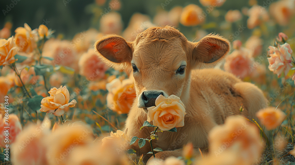 Calf in blooming flowers. Calf in blooming flowers.