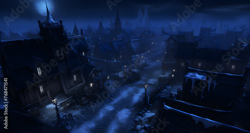 a town scene in the dark with a spooky moon