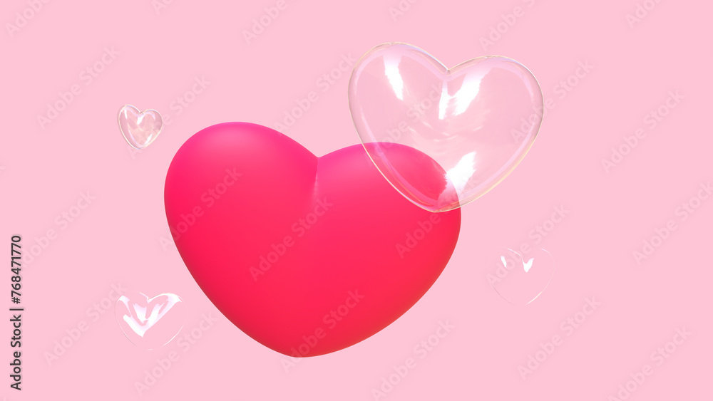 LOVE SHAPE  3d render  Beautiful shiny pink soap bubbles . Gradient  LOVE day on pink background
