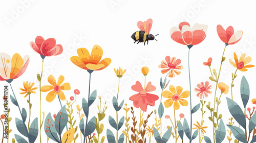 flower and bee flat vector isolated on white background
