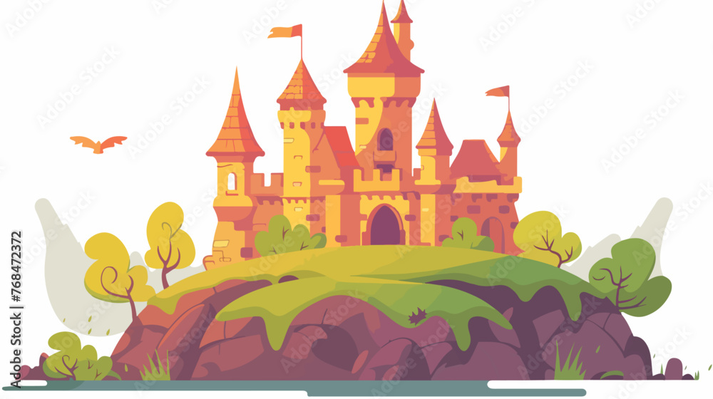 Fry Tale Castle At Sunset flat vector isolated on whit