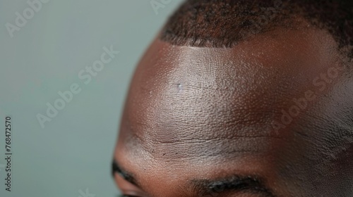 close-up on a black mans head with a receding thinning hairline - concept for hairloss treatment photo