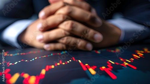 Close-up of hands wringing over a graph showing market crash, embodying economic crisis despair photo