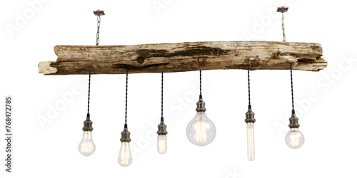 Wood Slab Pendant Chandelier. Rustic Hanging Lighting For Dining Room. Decorative antique edison style filament light bulbs. Realistic vintage glowing light bulbs photo