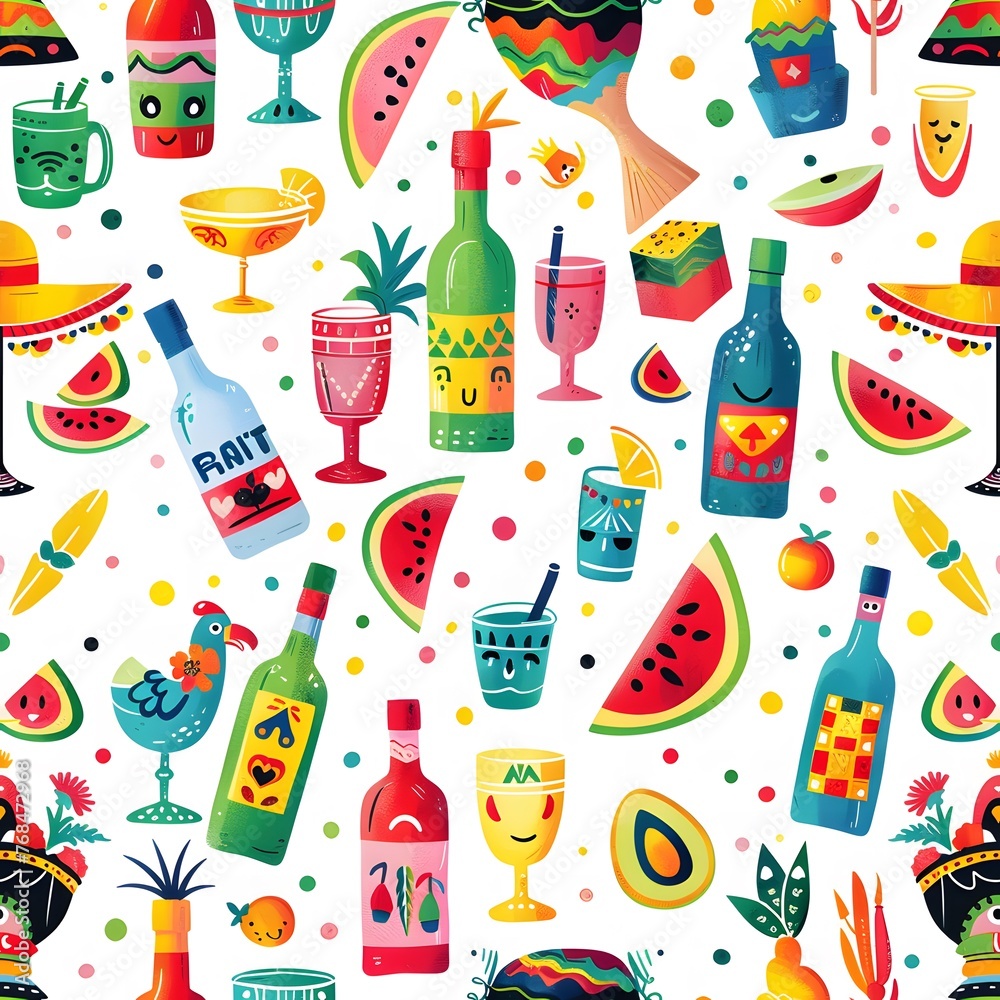 Cute, colorful Mexican fiesta pattern with tequila bottles and pinata Cute, colorful Mexican fiesta pattern with tequila bottles and pinata