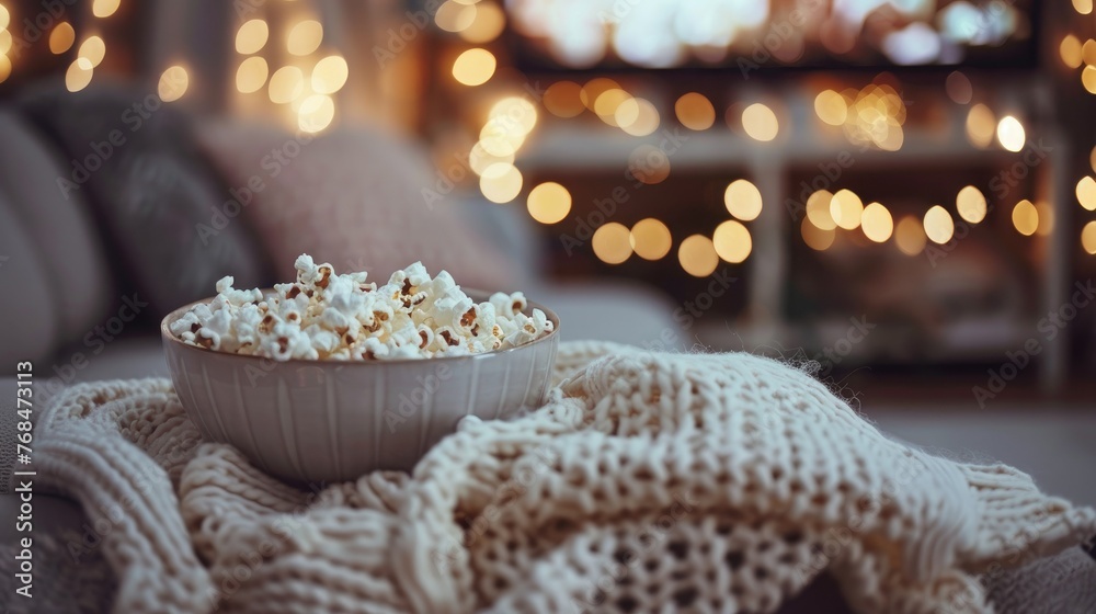 Cozy Evening at Home with a Bowl of Popcorn, Comfortable Knit Sweater, and Warm Ambient Light Cozy Evening at Home with a Bowl of Popcorn, Comfortable Knit Sweater, and Warm Ambient Light