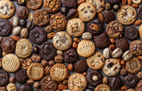 Assorted cookies and chocolates with nuts, a top view of a delicious variety perfect for sweet treats and dessert concepts. This image is ideal for showcasing texture and indulgence