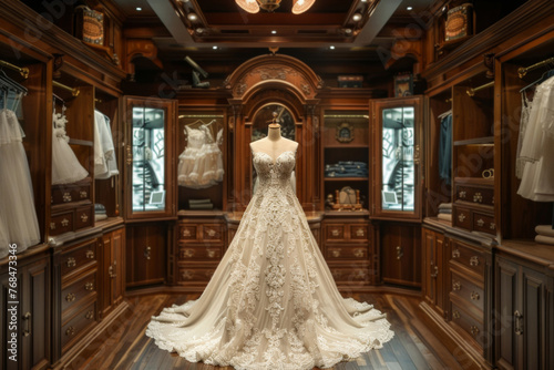 Elegant wedding dress on a mannequin in a luxurious bridal boutique, showcasing exquisite design and craftsmanship. The ambiance of the room enhances the beauty and grandeur of the bridal gown