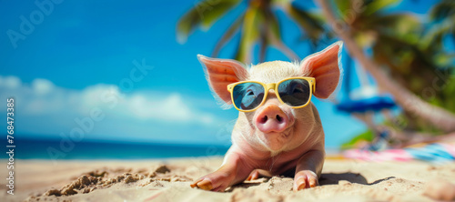 Charming piglet lounging on the beach wearing yellow sunglasses, offering a whimsical and carefree summer vibe. The sunny, tropical background enhances the playful and relaxed atmosphere