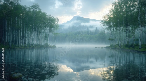 Dawn over tranquil lake with reflection and fog