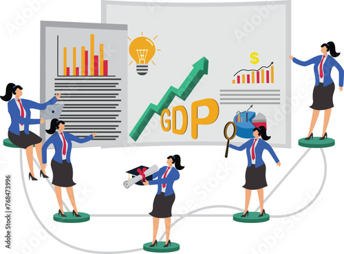 Economic recovery and reconstruction, GDP, domestic economic development and construction, GDP construction and improvement, business teams working together to build GDP