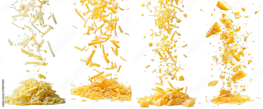Fototapeta premium Collection of PNG. Falling grated cheese isolated on a transparent background.