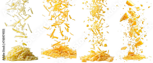 Collection of PNG. Falling grated cheese isolated on a transparent background.