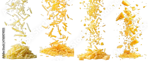 Obraz  z motywem Collection of PNG. Falling grated cheese isolated on a transparent background.