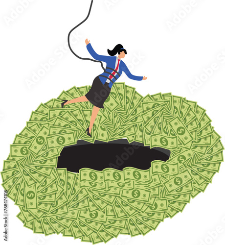 Tax evasion, financial problems, financial crimes, thieves, investment risks and traps, rope hanging businesswomen into the banknotes inside