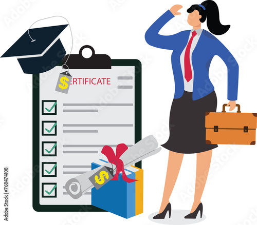 Education fees, money for diploma, tuition, student loans, academic corruption or bribery, isometric money bookmark, certificate of completion with price tag, graduation cap with price tag