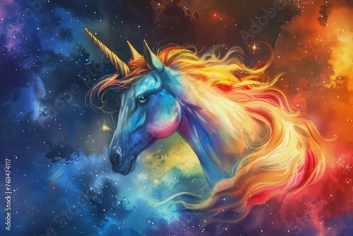 A striking unicorn with a fiery mane emerges from a kaleidoscope of cosmic colors and stardust in this vivid illustration.