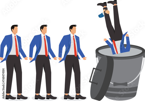 Black sheep, scum, layoffs or dismissal of underperforming employees, being discarded like garbage, standing in a row of businessmen one of whom is thrown into the garbage basket
