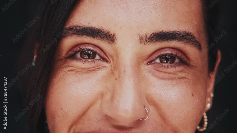 Portrait of Young Woman Face and Happy Eyes Looking at Camera in Close Up Shot. Joy in Positive View on Modern Life of Mixed Race Person. Concept of Facial Detail and Fun Expression of Cheerful Female Portrait of Young Woman Face and Happy Eyes Looking at Camera in Close Up Shot. Joy in Positive View on Modern Life of Mixed Race Person. Concept of Facial Detail and Fun Expression of Cheerful Female