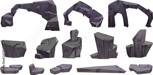 Gravel boulder and rock icon with texture. Stone mountain block and granite element isolated design for game environment construction. Geology arch formation drawing made of rough cracked material