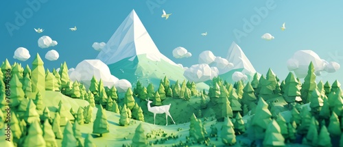 3D paper look  minimal origami animals in flat landscape