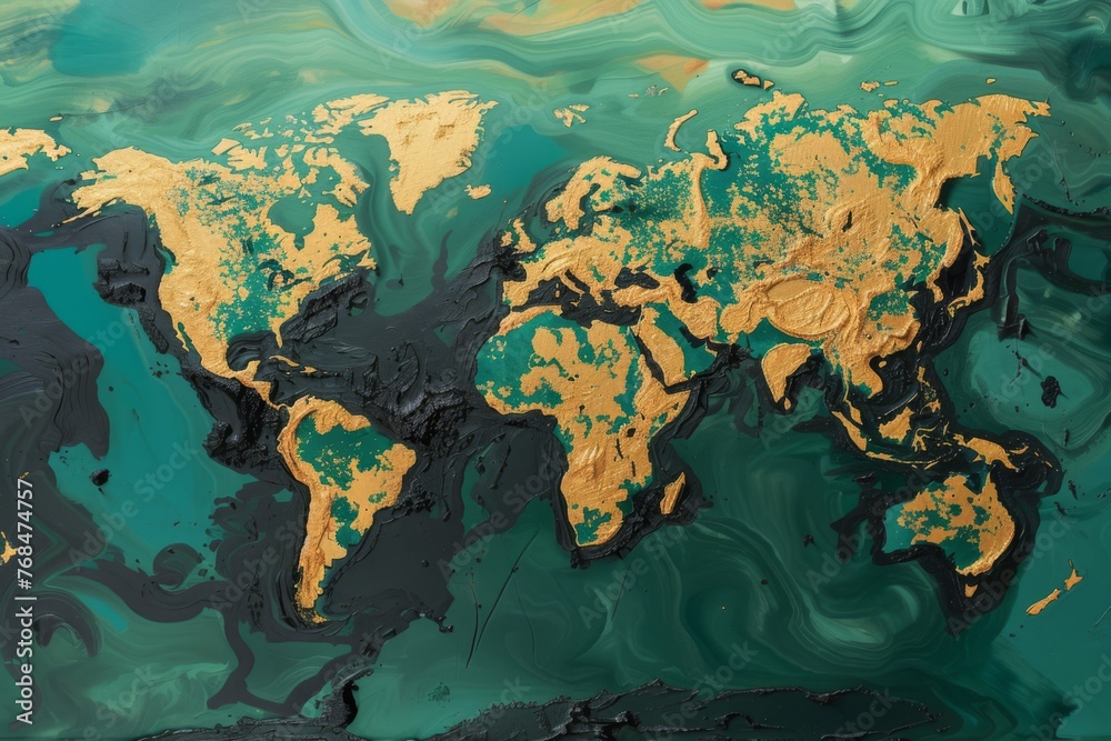 An oil spill spreading across the world map, warning of the dangers of fossil fuel dependency,