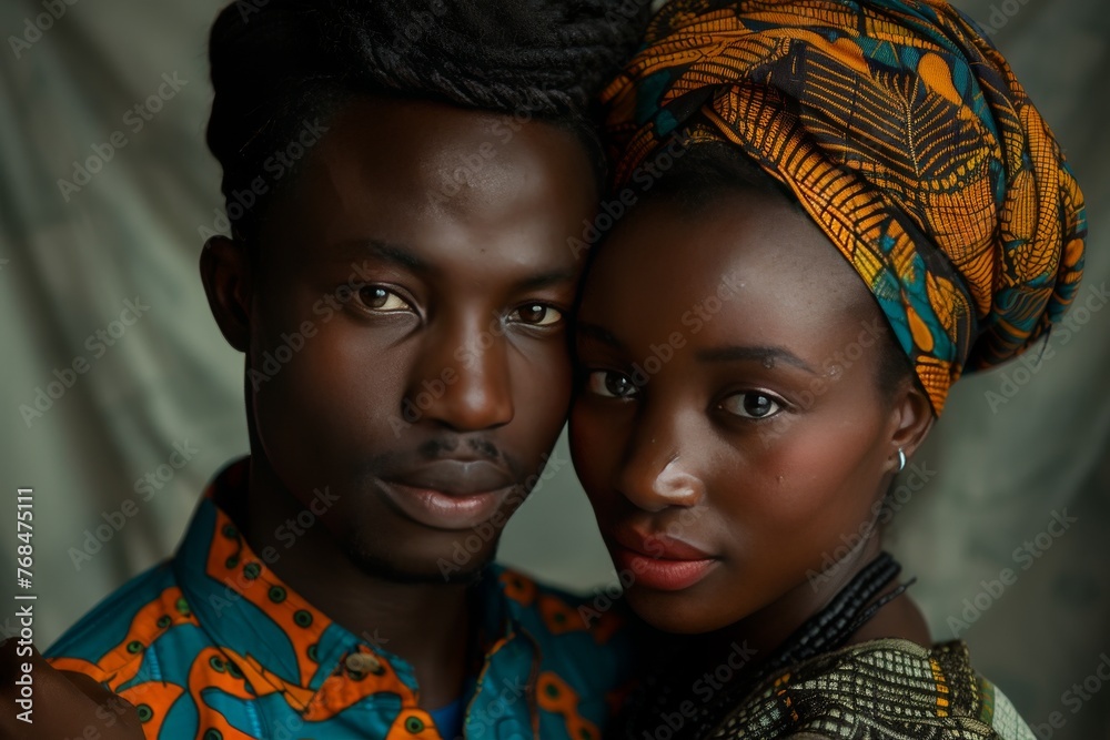 Hugging young African American man and woman in traditional clothes, family, romance, love Hugging young African American man and woman in traditional clothes, family, romance, love