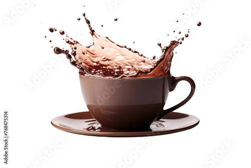 A coffee cup filled with chocolate is shown with a splash of the rich liquid overflowing from the brim, creating a visually striking moment frozen in time. Isolated on a Transparent Background PNG.