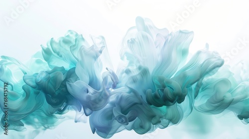 Blend of Sky Blue and Mint Green Abstract Blooming Shape. Wallpaper, Background, Painting, Watercolor, Copy Space, Water, Clean, Pattern, Wave, Curve, Shape, Silk, Smooth, Swirl 