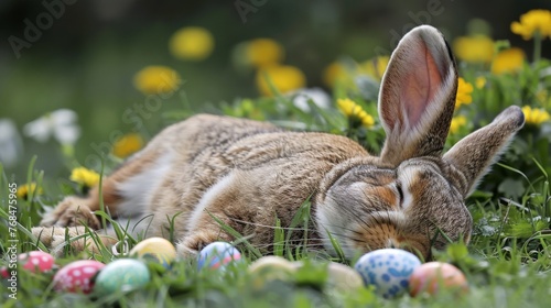 cute easter bunny rabbit sleeping surounded by easter eggs