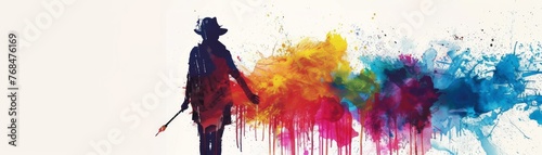 Silhouette of a painter with a burst of colorful paint splashes