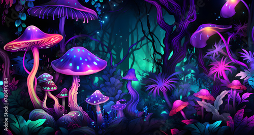 a glowing image of many mushroom in a dark forest