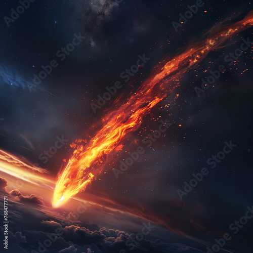 A fiery meteor rushing across the night sky, accompanied by a bright molten tail, captured on translucent material for effortless astronomical photography.