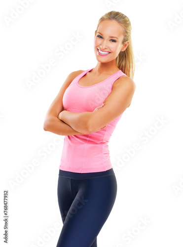 Portrait, confident or woman as smile, fitness or wellness by crossfit, workout or health in studio. Female person, proud or arms crossed in gym clothing as healthy exercise, training or self care