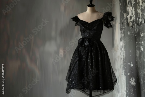 a highend elegant black cocktail dress on a manequin on a grey wall background photo