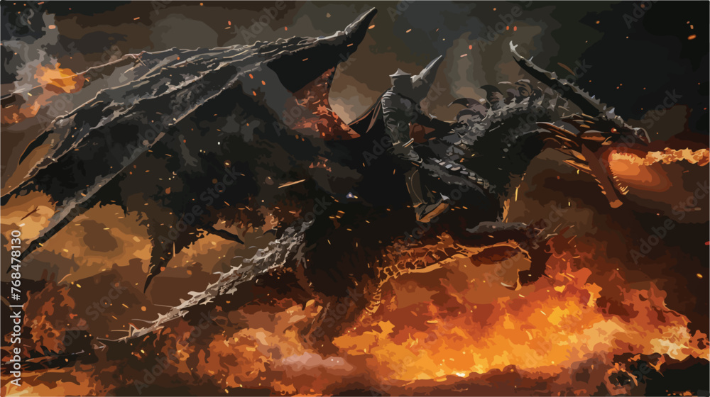 Giant dragon explode a fire breathe on a heroic medieval - obrazy, fototapety, plakaty 
